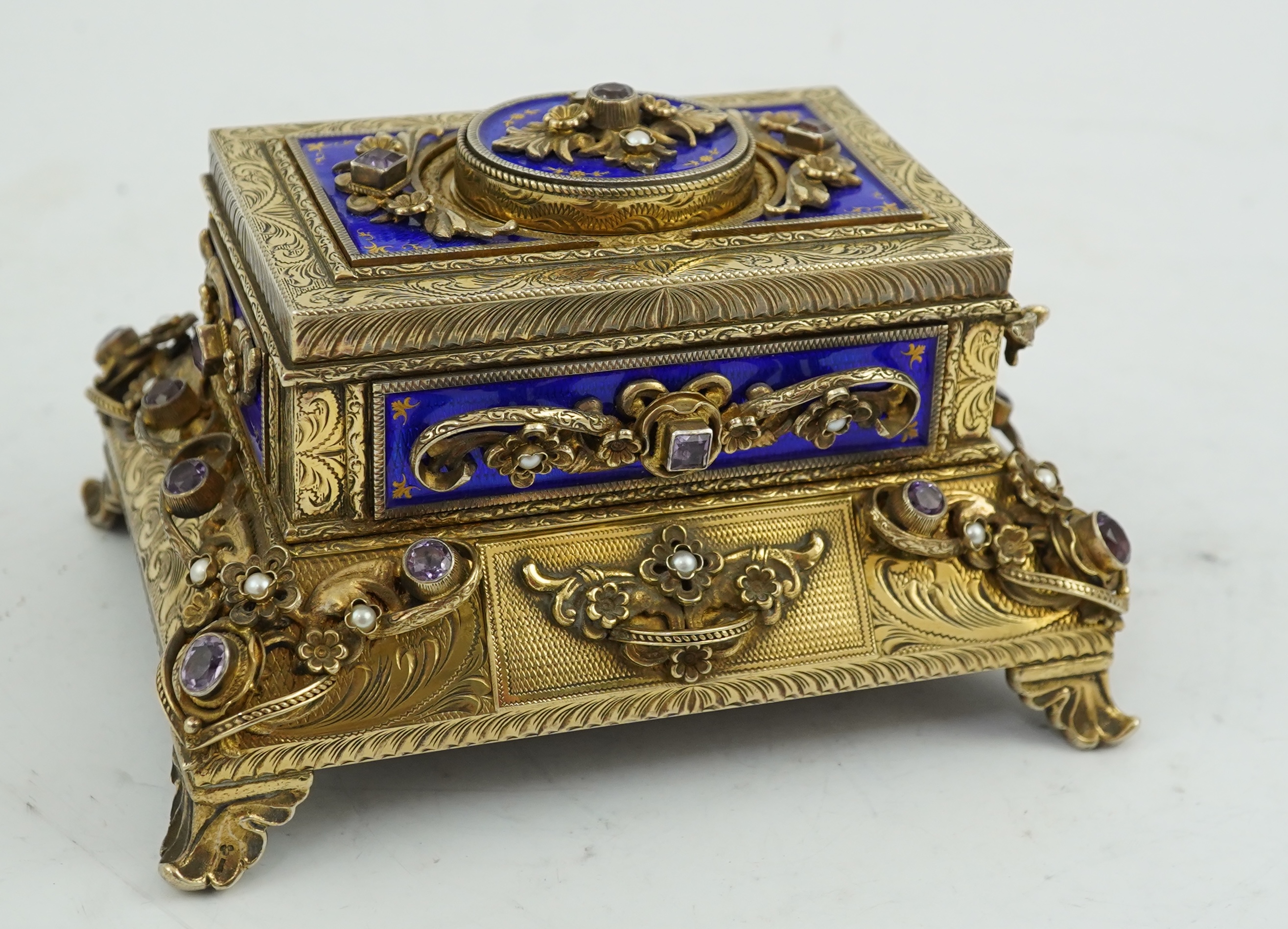 A late Karl Griesbaum Model 17 silver gilt, blue enamel, amethyst and cultured pearl set automaton singing bird box